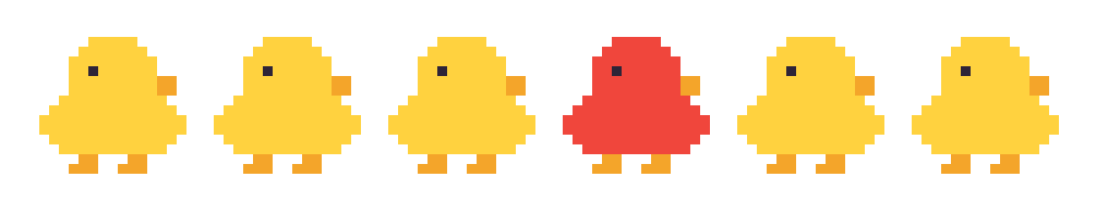 A row of identical yellow pixel ducks with one red one